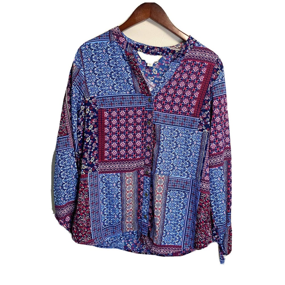 NWOT Tantrums Womens Geometric Floral All Over Print V-neck Tunic Blouse Medium